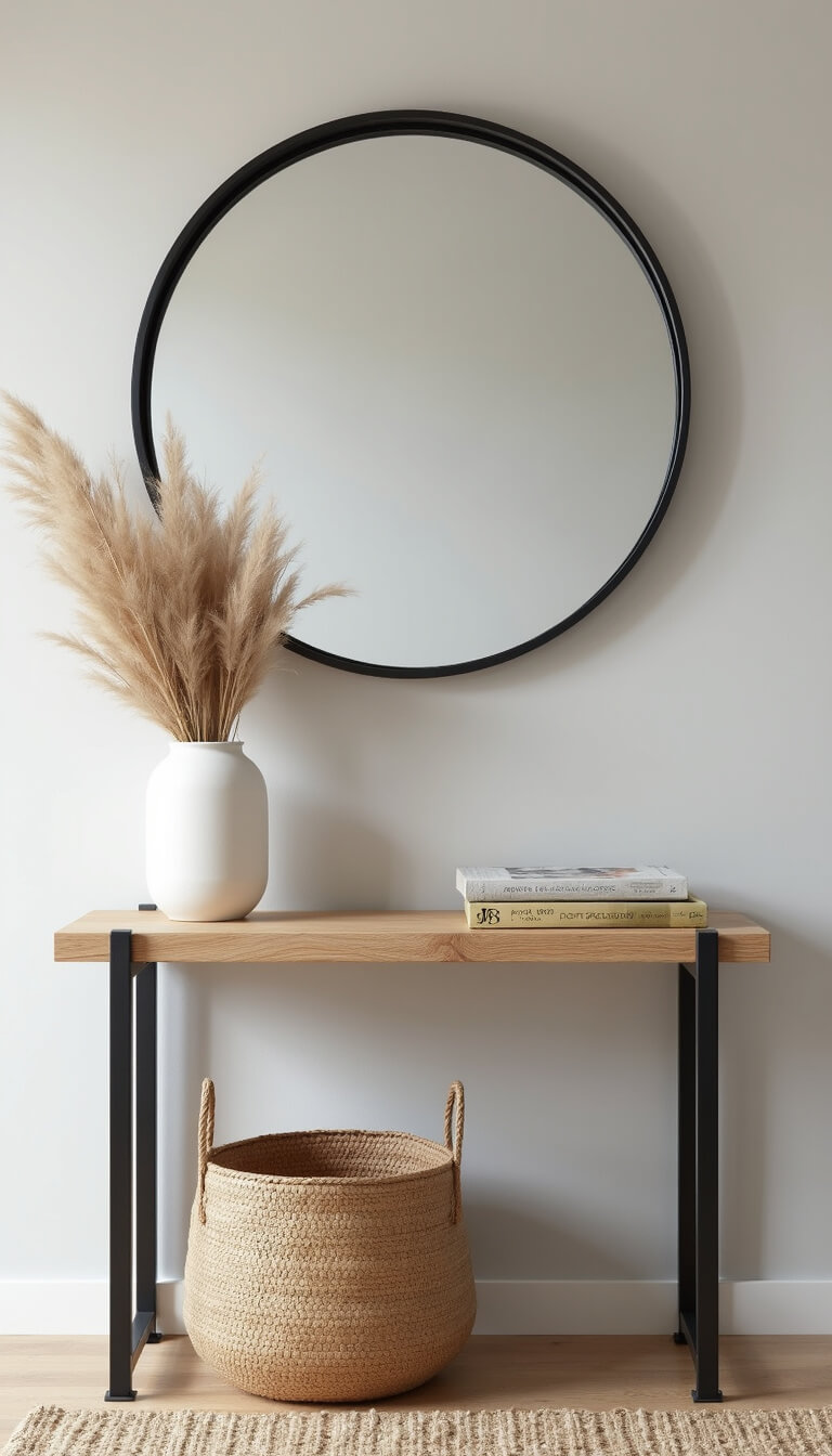 Tranquil 5x8ft entryway with bleached pine console, round black-framed mirror, ceramic vase with pampas grass, and handwoven basket against light gray walls.