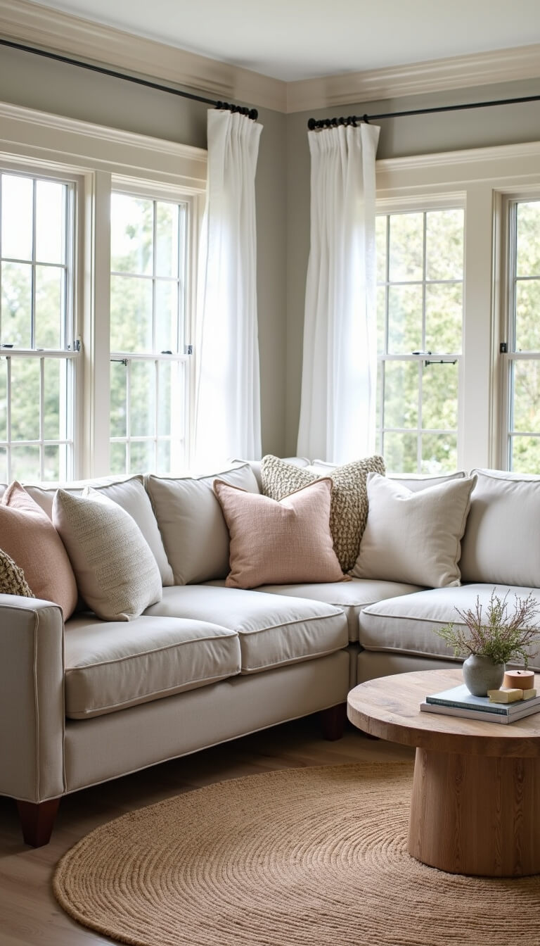 Cozy 16x20ft family room with light gray sectional, sheer white curtains, cream and blush pillows, large jute rug, and abundant natural light.