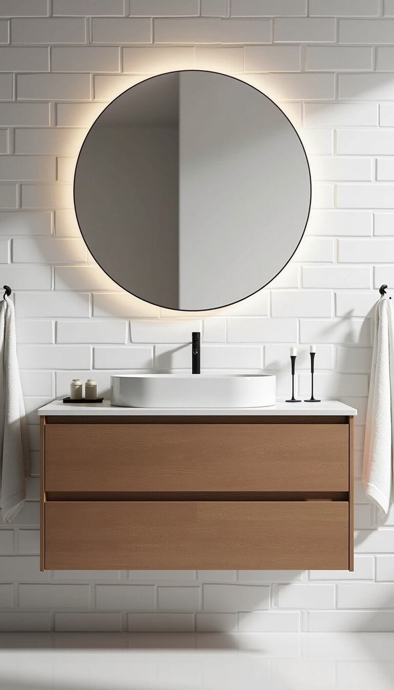 Minimalist 7x9ft bathroom with floating warm wood vanity, white subway tile, round LED-lit mirror, and simple white towels and ceramic accessories.