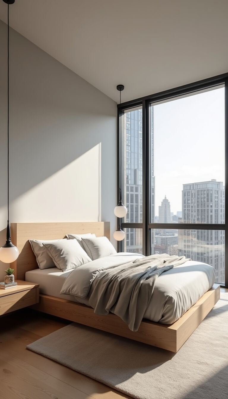Low-angle view of a serene 14x16ft bedroom with a light oak platform bed, soft white and gray bedding, frosted glass pendant lights, and floor-to-ceiling windows overlooking an urban skyline.