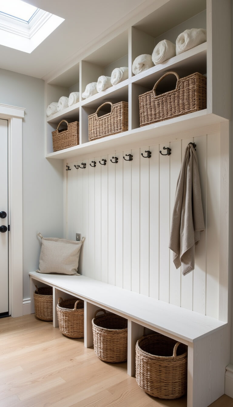 Mudroom with pale ash wood built-in storage, white shiplap walls, matte black hooks, woven baskets, and linen bags under skylight.