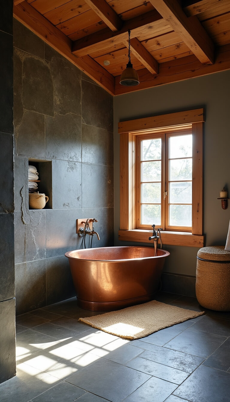 Sunlit wet room with vaulted ceiling, reclaimed oak beams, copper soaking tub, slate wall, river rock floor, and brass fixtures illuminated by morning light.
