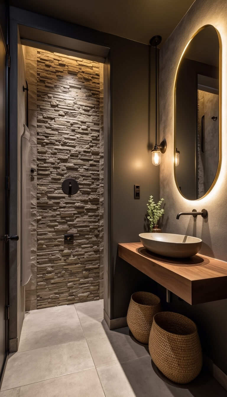 Low-angle view of rustic 8x10ft wet room with stacked stone wall, floating walnut vanity, concrete sink, and warm dusk lighting from black metal sconces.