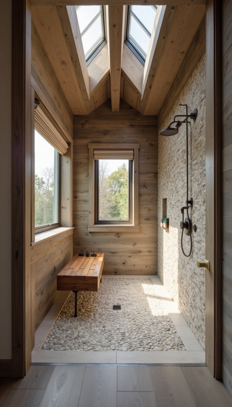 Wide-angle view of spacious 15x15ft wet room with 12ft ceiling, barn wood accent wall, pebble mosaic shower, floating teak bench, and bronze rainfall shower head in golden hour light.