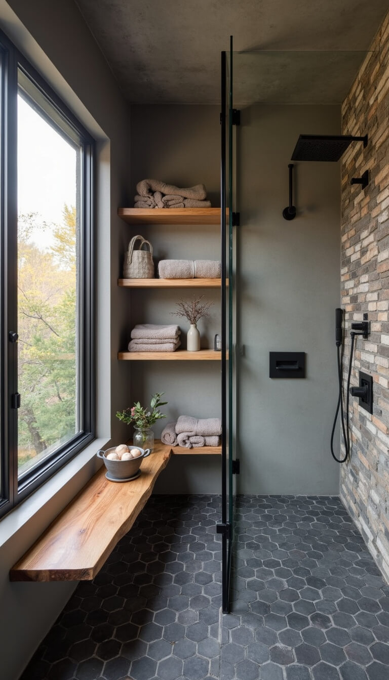 Modern rustic 10x12ft wet room with slate hexagon tiles, exposed concrete ceiling, black steel shower partition, live-edge oak shelves, matte black fixtures, and diffused light through privacy glass.