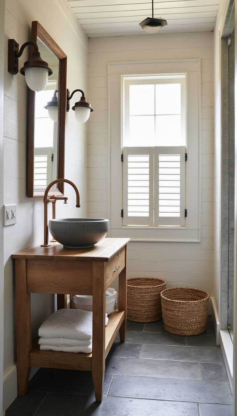 Cozy 9x11ft wet room with whitewashed shiplap ceiling, reclaimed pine vanity with stone vessel sink, vintage copper mirror, and wall-mounted faucet; slate and pebble flooring with dawn light filtering through plantation shutters.