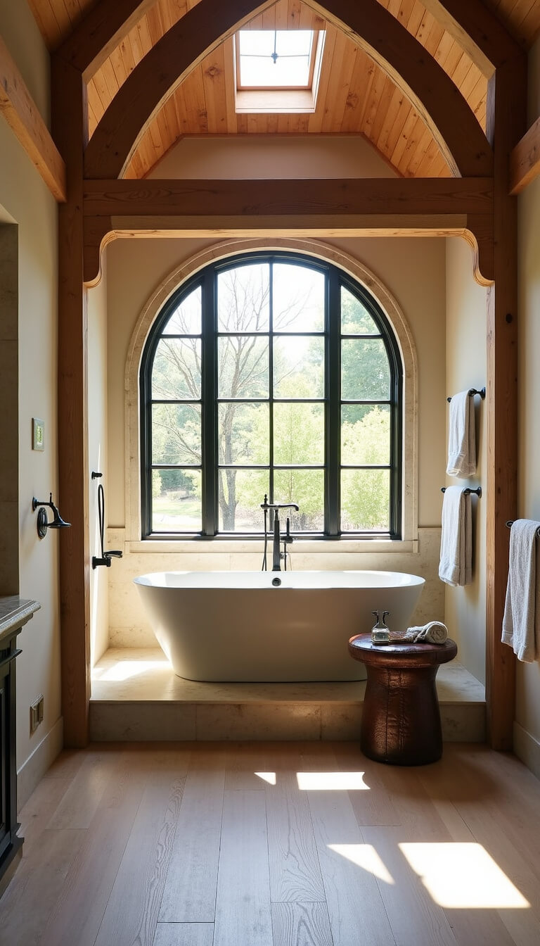 Luxurious 14x16ft wet room with exposed timber beams, skylight shadows, stone soaking tub on platform, reclaimed oak floors, iron fixtures, and vintage leather stool.