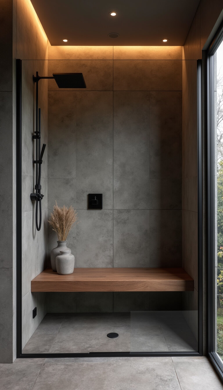 Contemporary rustic wet room with concrete accent wall, LED evening lighting, floating teak bench, black steel and glass enclosure, and slate tile flooring.