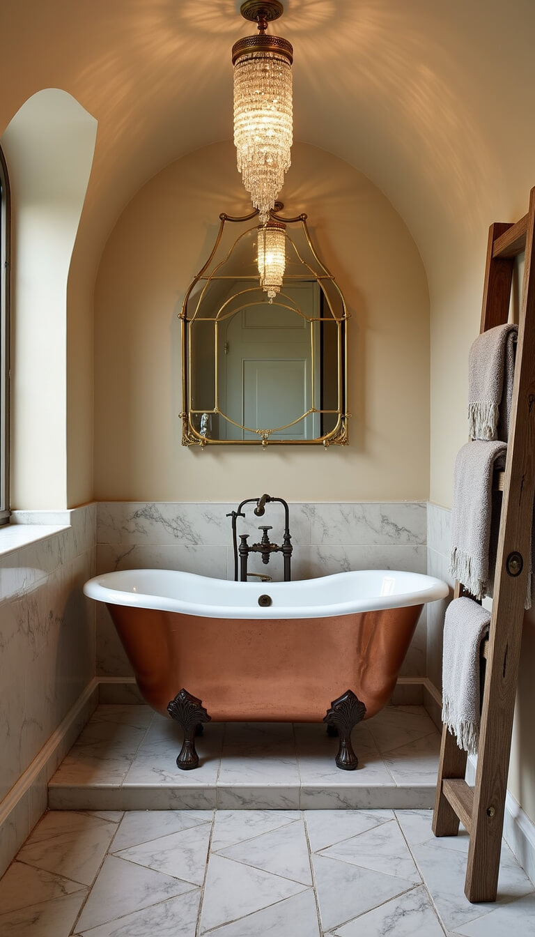 Luxurious 13x15ft wet room with barrel-vaulted ceiling, clawfoot copper tub on cream marble platform, crystal pendant lighting, herringbone stone floor, reclaimed oak towel ladder, and vintage brass mirror wall.