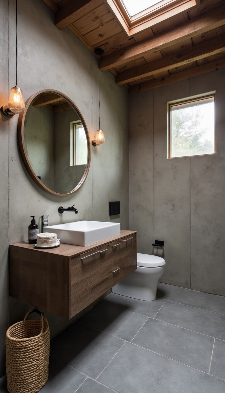 Minimalist rustic wet room with grey slate tiles, blackened oak floating vanity, round lit mirror, exposed beams, and morning light from frosted skylights.