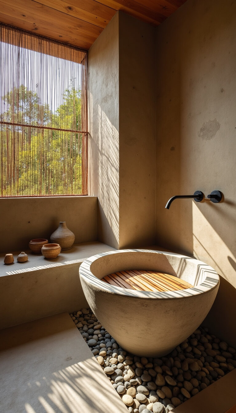 Organic modern wet room with rammed earth walls, stone soaking tub, concrete bench with teak insert, and pebble to concrete floor transition, bathed in dappled light through bamboo screen.