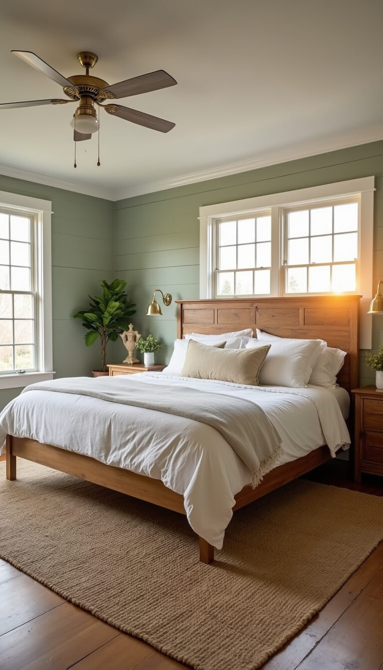 Cozy 14x16ft bedroom with sage green accent wall, oak bed, layered linen bedding, and golden hour sunlight through white-trimmed windows.