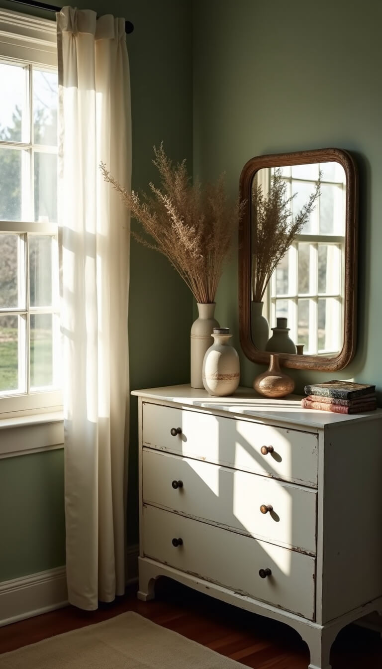 Farmhouse bedroom corner at dawn with sunlit dresser, ceramic vases, dried eucalyptus, and vintage mirror against sage green walls.