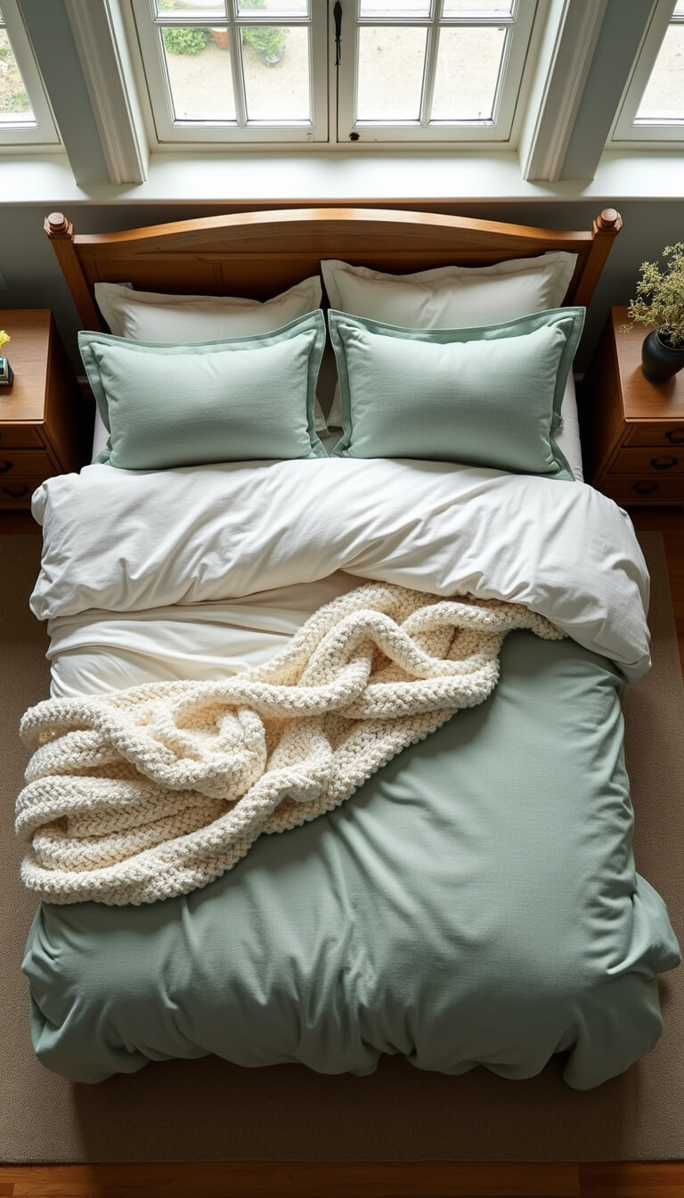 Overhead view of queen bed with sage linen duvet, cream sheets, ivory knit throw, and vintage nightstands in natural light.