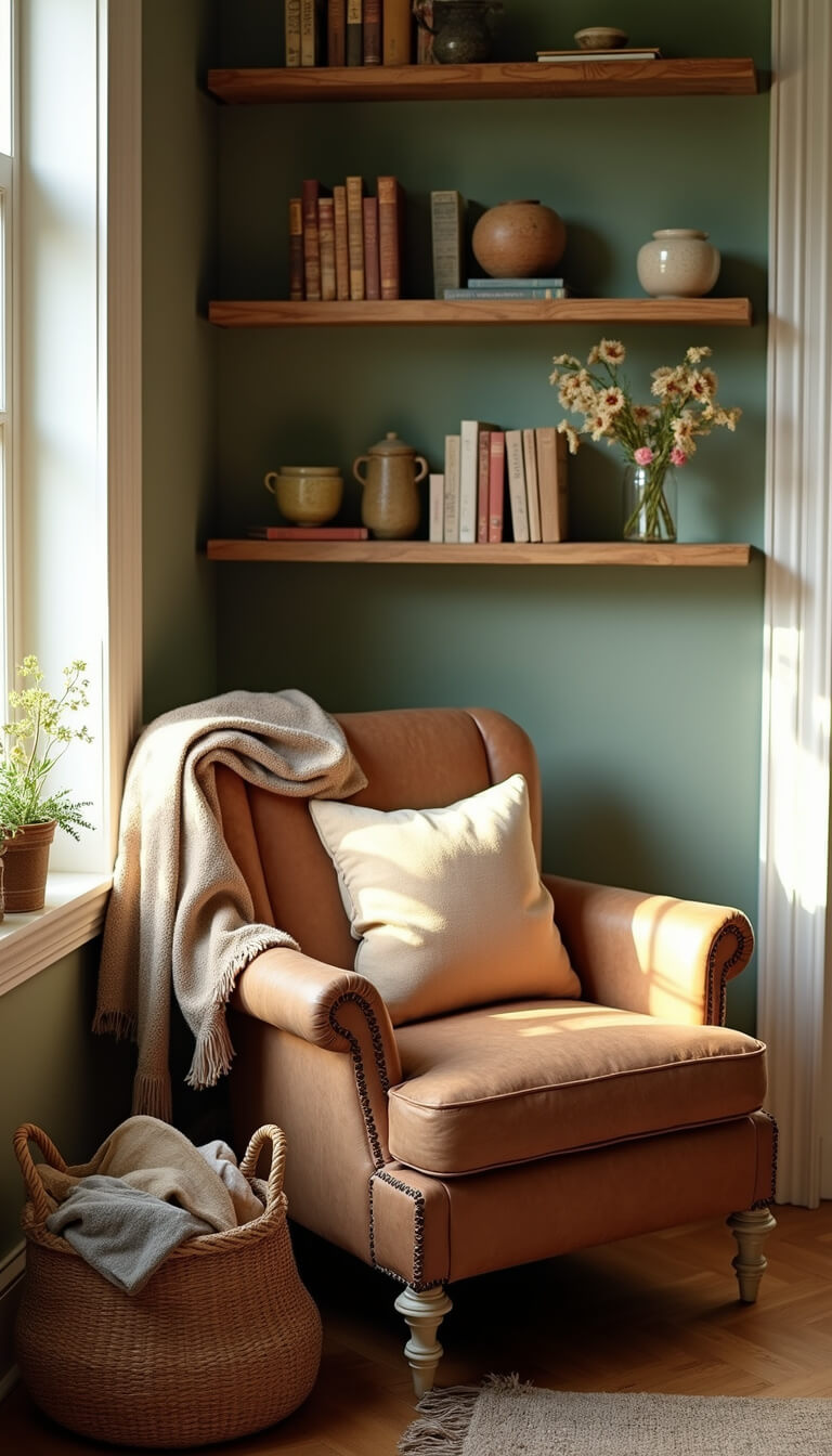 Cozy reading nook with weathered leather armchair, woven basket of blankets, floating wood shelves of books and pottery, and sage green accent wall in warm afternoon light.