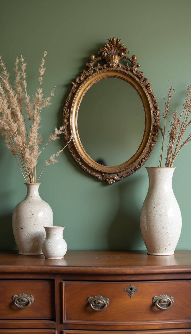 Antique dresser vignette with vintage brass mirror, ceramic vessels, and dried botanicals against sage green wall, softly lit to highlight textures.