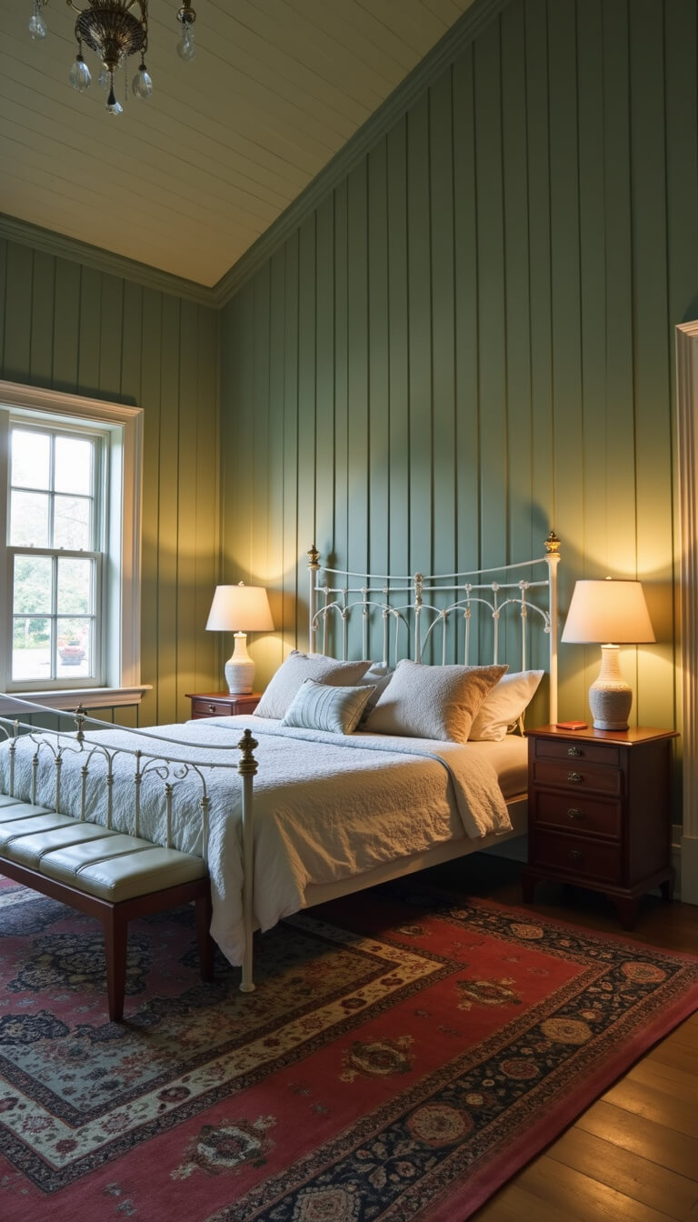 Cozy bedroom at dusk with sage green board and batten walls, white iron king bed, vintage rug, and symmetrical nightstands with ceramic lamps.