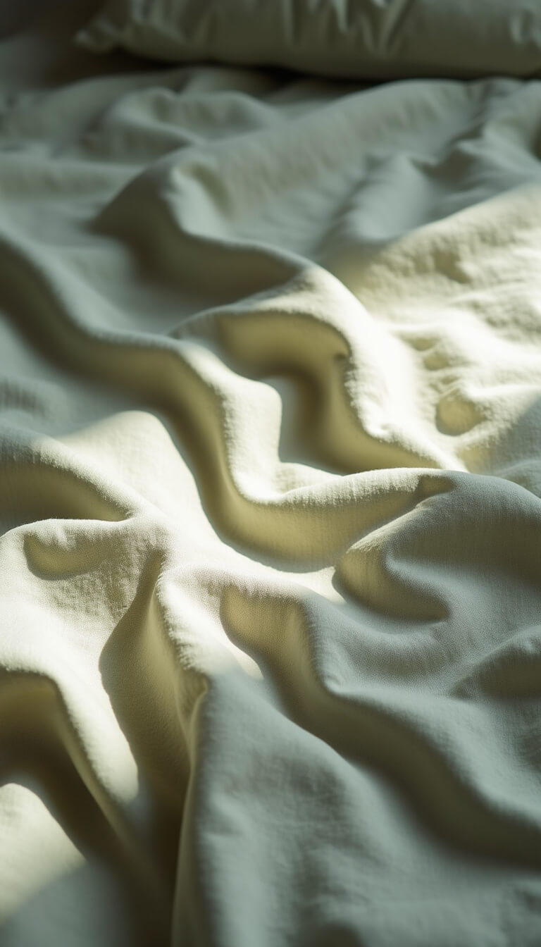 Close-up of rumpled sage and cream linen bedding in soft morning light, highlighting fabric texture and natural wrinkles.