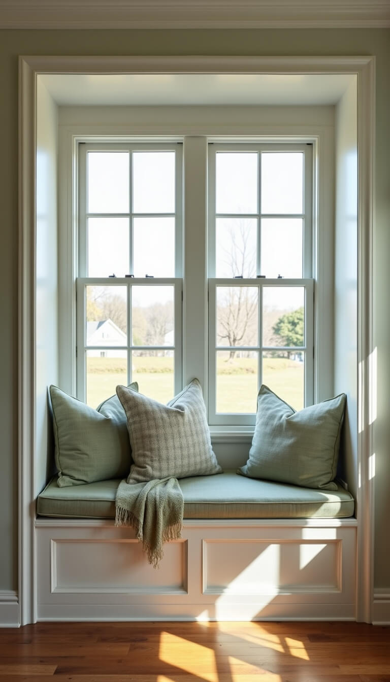 Window seat nook with built-in storage, sage green linen cushions, vintage pillows, and throw blanket, lit by late afternoon sun casting geometric shadows.