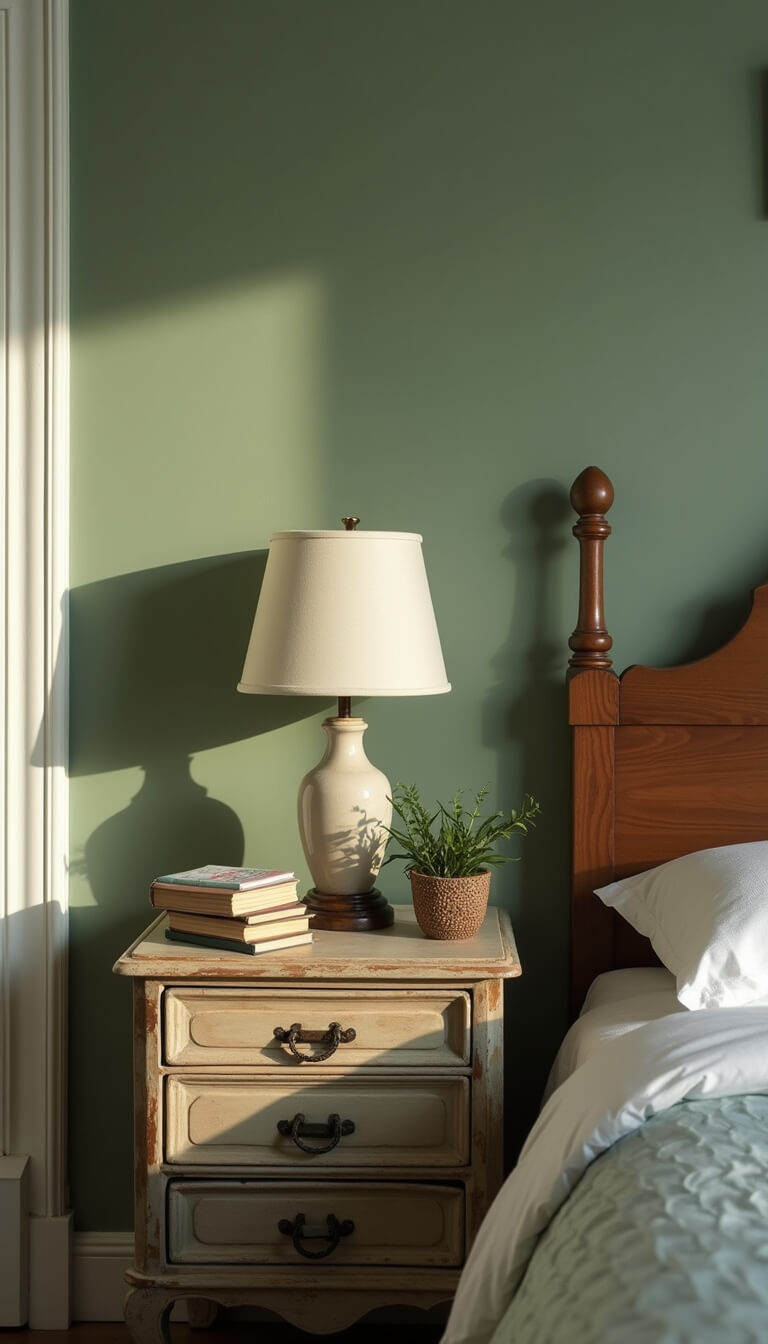 Weathered nightstand with ceramic lamp, vintage books, and potted plant against sage green wall in soft morning light.