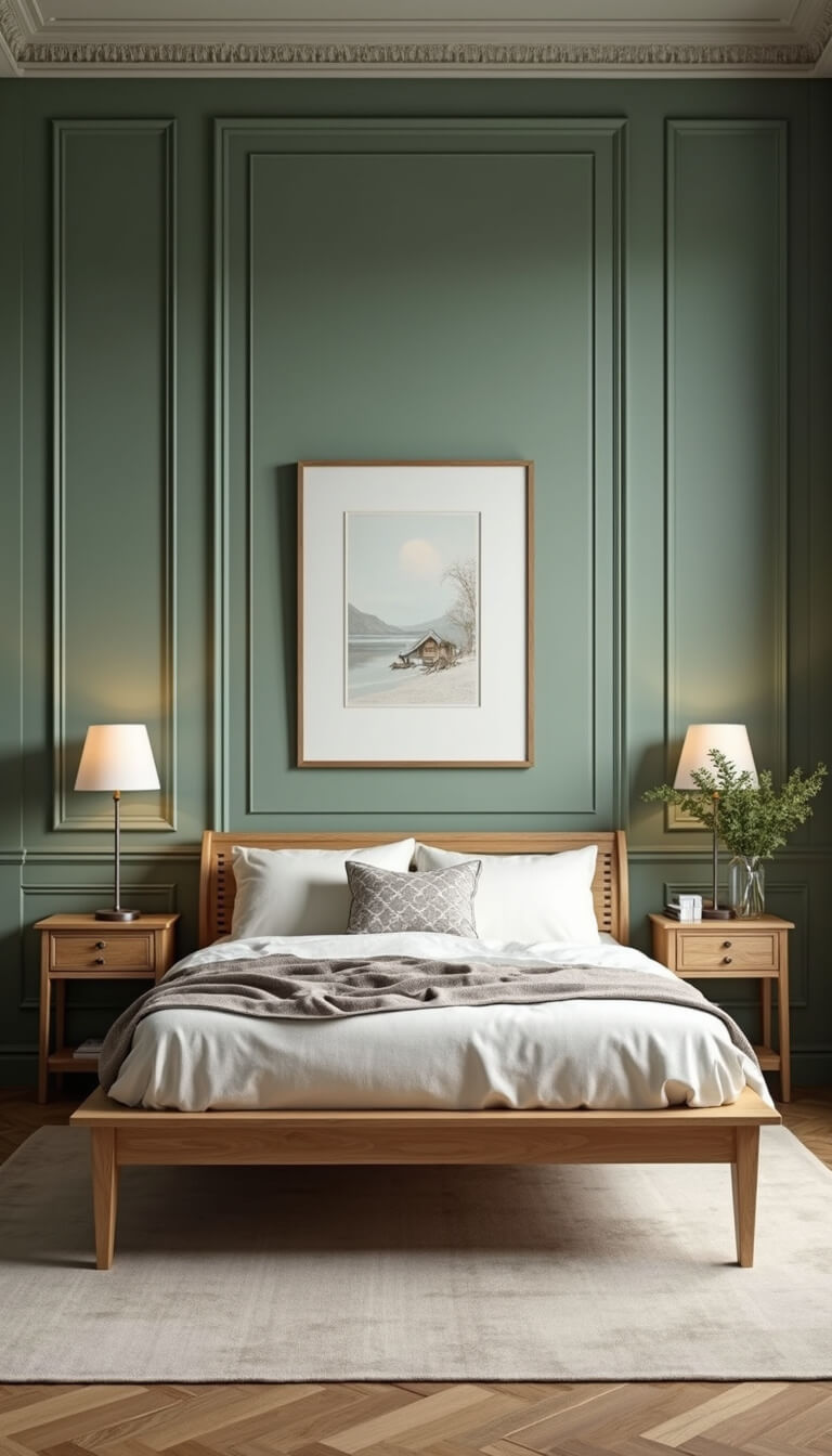 Sage green paneled wall with centered natural oak bed, symmetrical lamps and artwork, dawn lighting, wide-angle view.