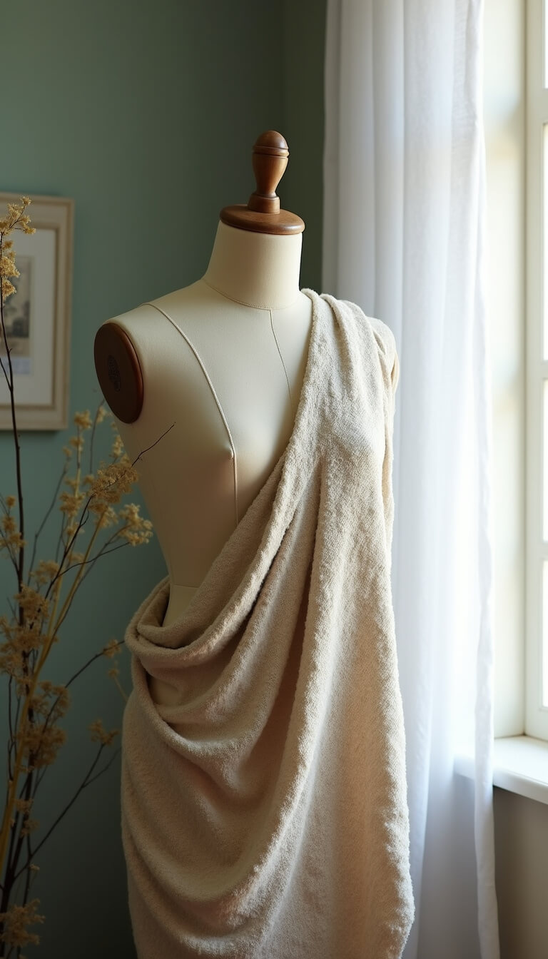 Vintage dress form with textured throw by window, sage walls and white curtains in soft morning light.