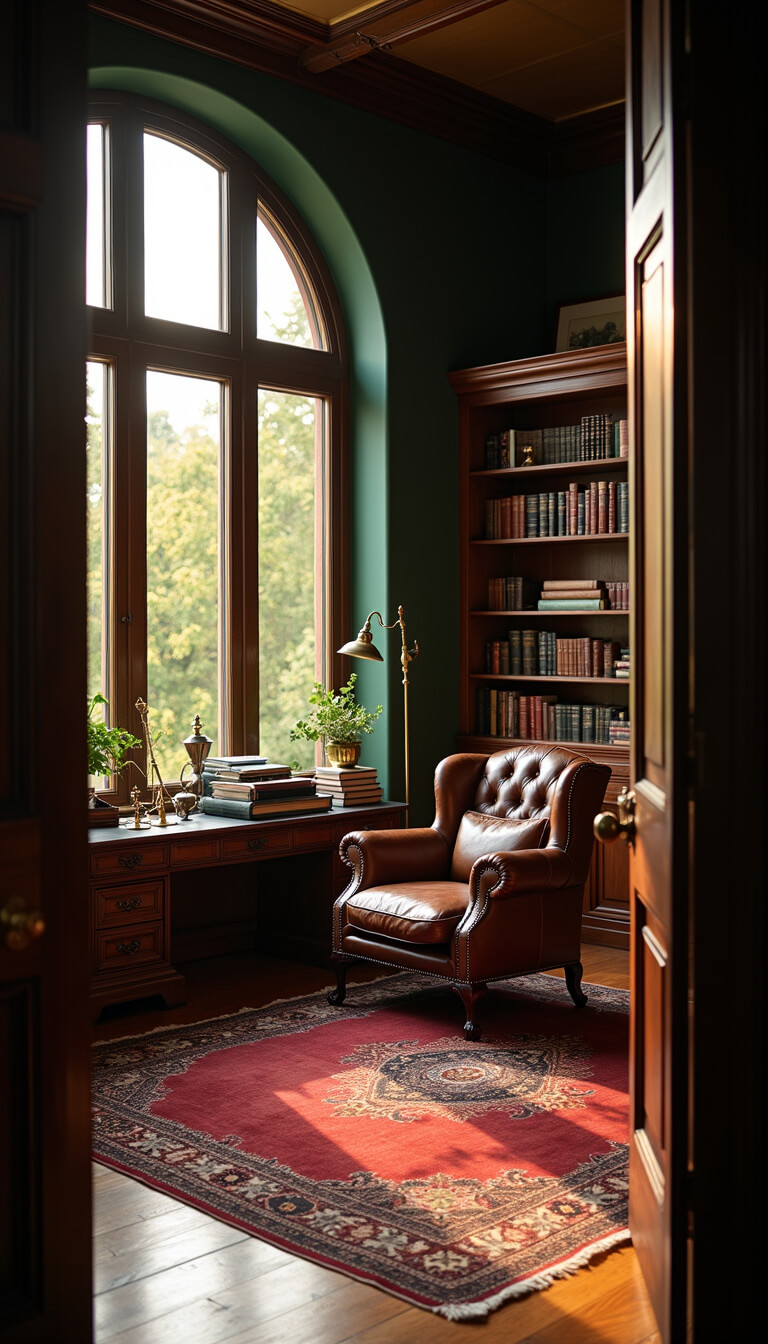 Study with tall arched windows, mahogany bookcases, leather armchair, antique desk, and warm golden lighting.