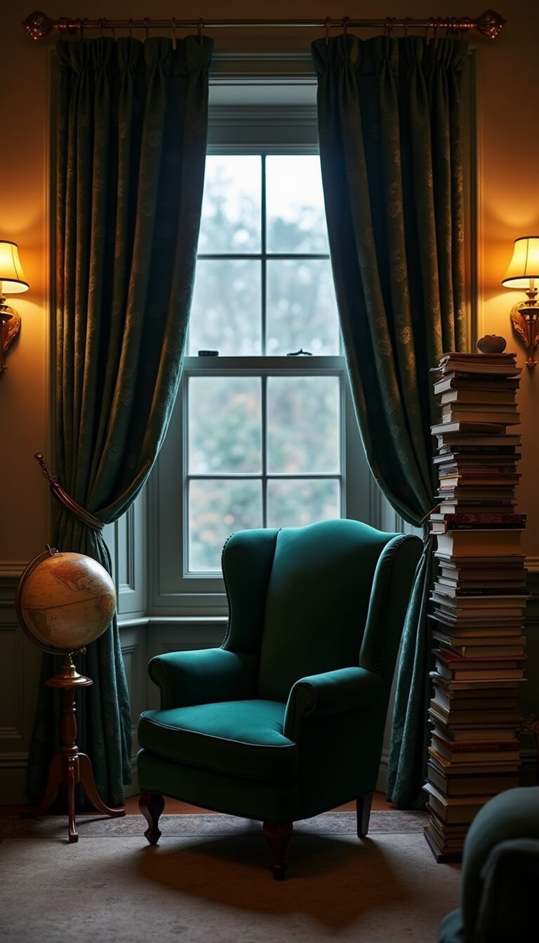 Cozy reading nook at dusk with forest green wingback chair by bay window, navy brocade curtains, warm brass sconces, globe on stand, and tall book stack, viewed from low angle.