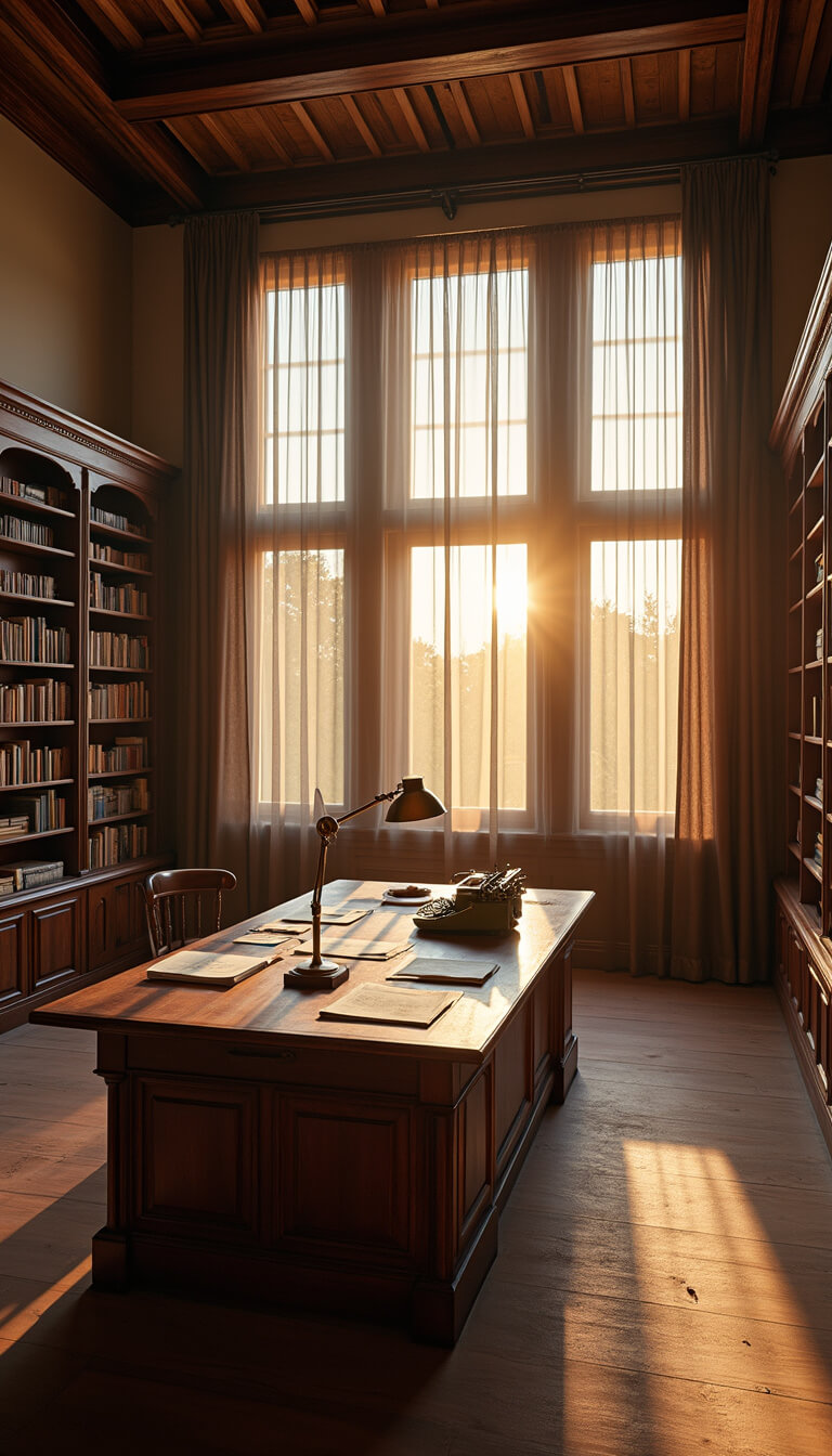 Cozy double-height library with floor-to-ceiling windows at golden hour, centered wooden table with vintage typewriter, brass lamp, and papers, surrounded by dark walnut shelves and rolling ladder.