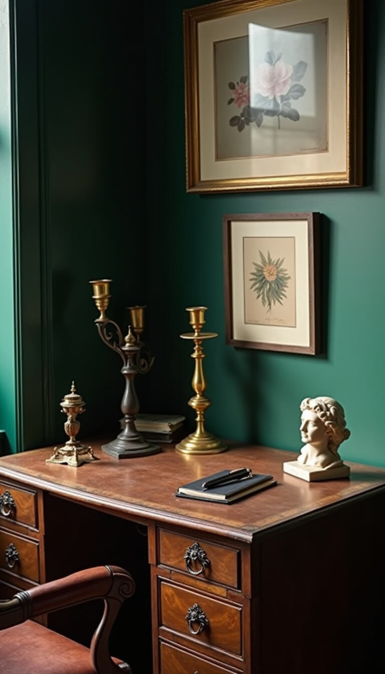 Antique secretary desk in morning light with brass candlesticks, marble bust, fountain pens, and worn leather chair against dark emerald walls and framed botanical prints.