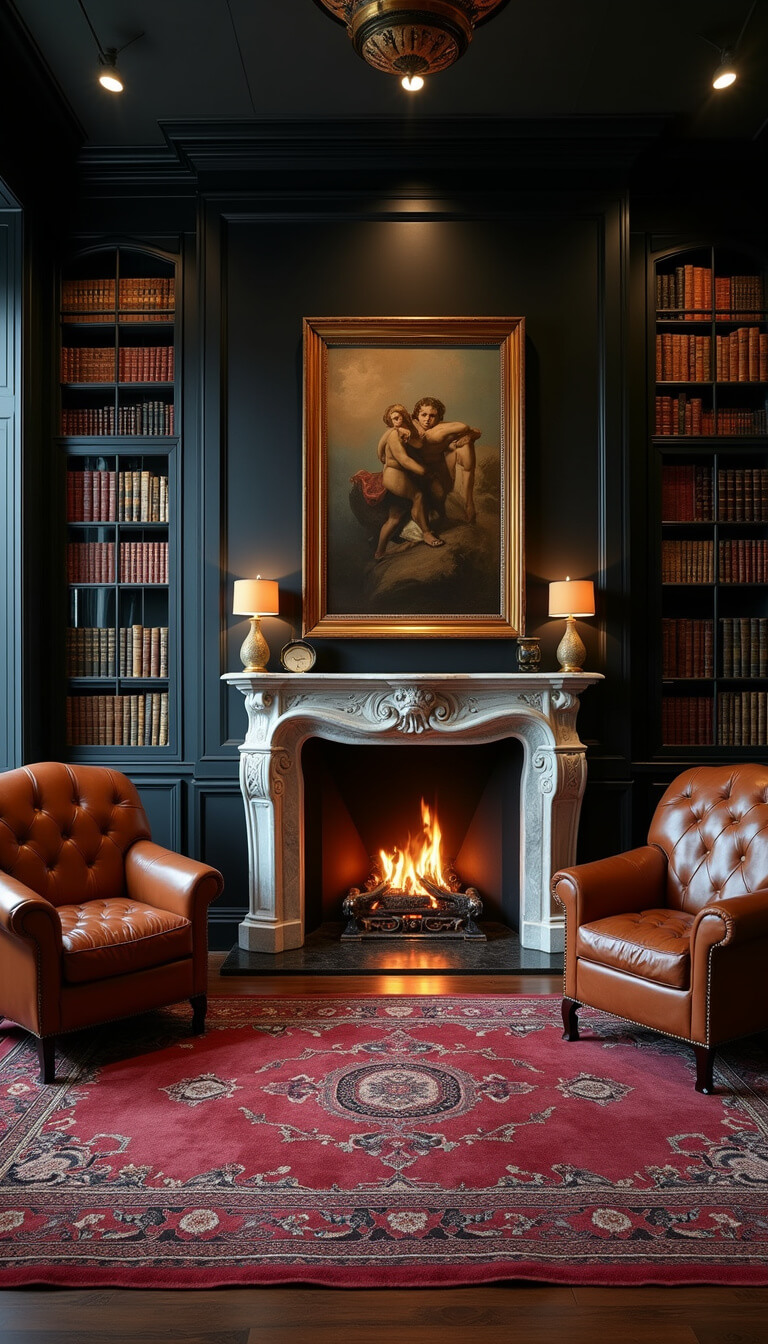 Moody twilight home office with black paneled walls, tall bookcases, marble fireplace, oil painting, leather chairs, oriental rug, and warm fire glow.
