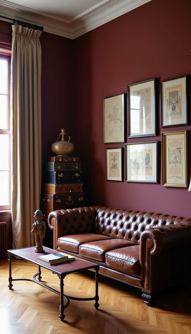 Academic sitting room with burgundy walls, tufted leather sofa, brass coffee table, vintage suitcases, and gallery wall of antique maps, lit by soft midday light through sheer curtains.