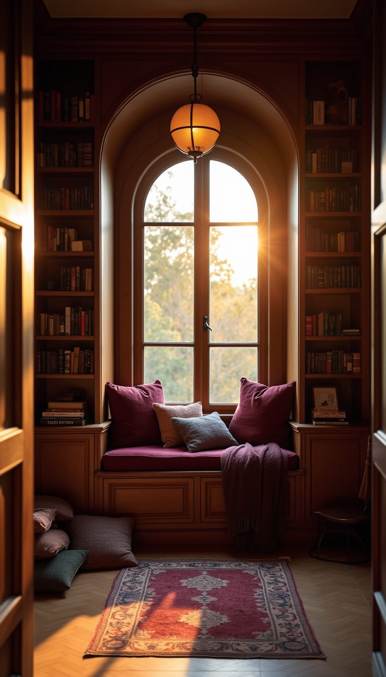 Cozy library alcove at sunset with burgundy velvet bench, arched bookcases, globe pendant light, and warm shadows.
