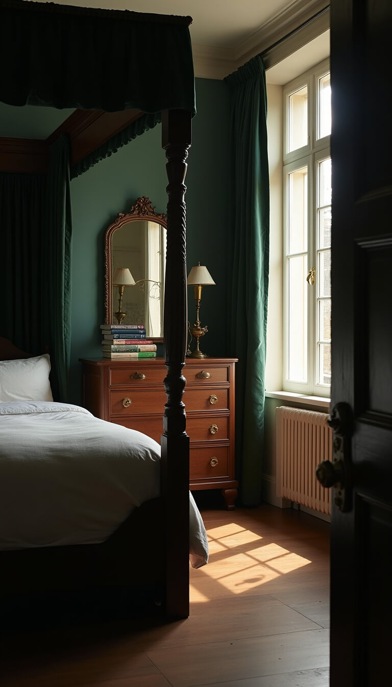 Moody scholar's bedroom corner with four-poster bed, green velvet curtains, antique dresser, books, and soft morning light casting long shadows.