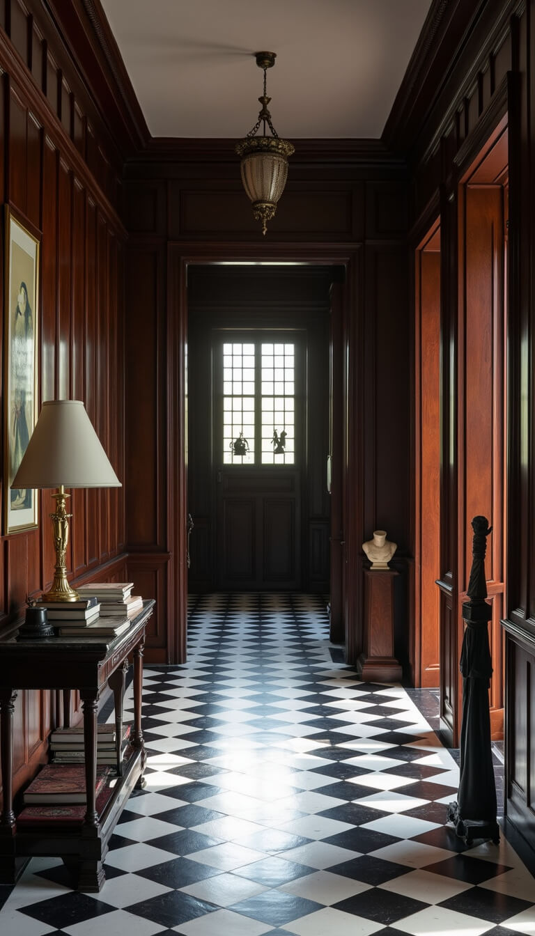 Home library entrance hall with dark wood wainscoting, black and white checkered floor, console table holding brass lamp, books, marble bust, and vintage umbrella stand; afternoon light casting dramatic shadows.