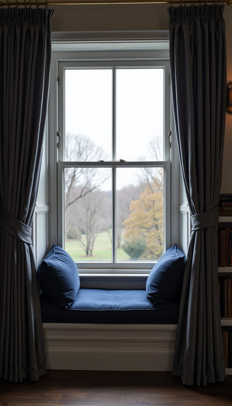 Cozy window seat reading nook with navy cushions, brass sconce, and stacked leather books, framed by heavy curtains on an overcast day.