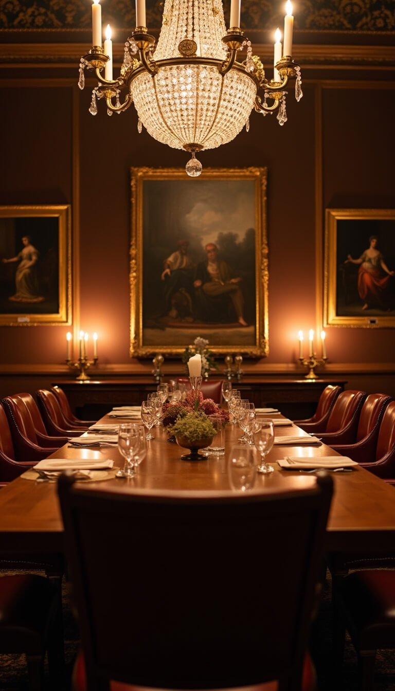Candlelit academic dining room with long wooden table, leather chairs, crystal chandelier, gilded oil paintings, and sideboard with brass candlesticks and decanted wine.