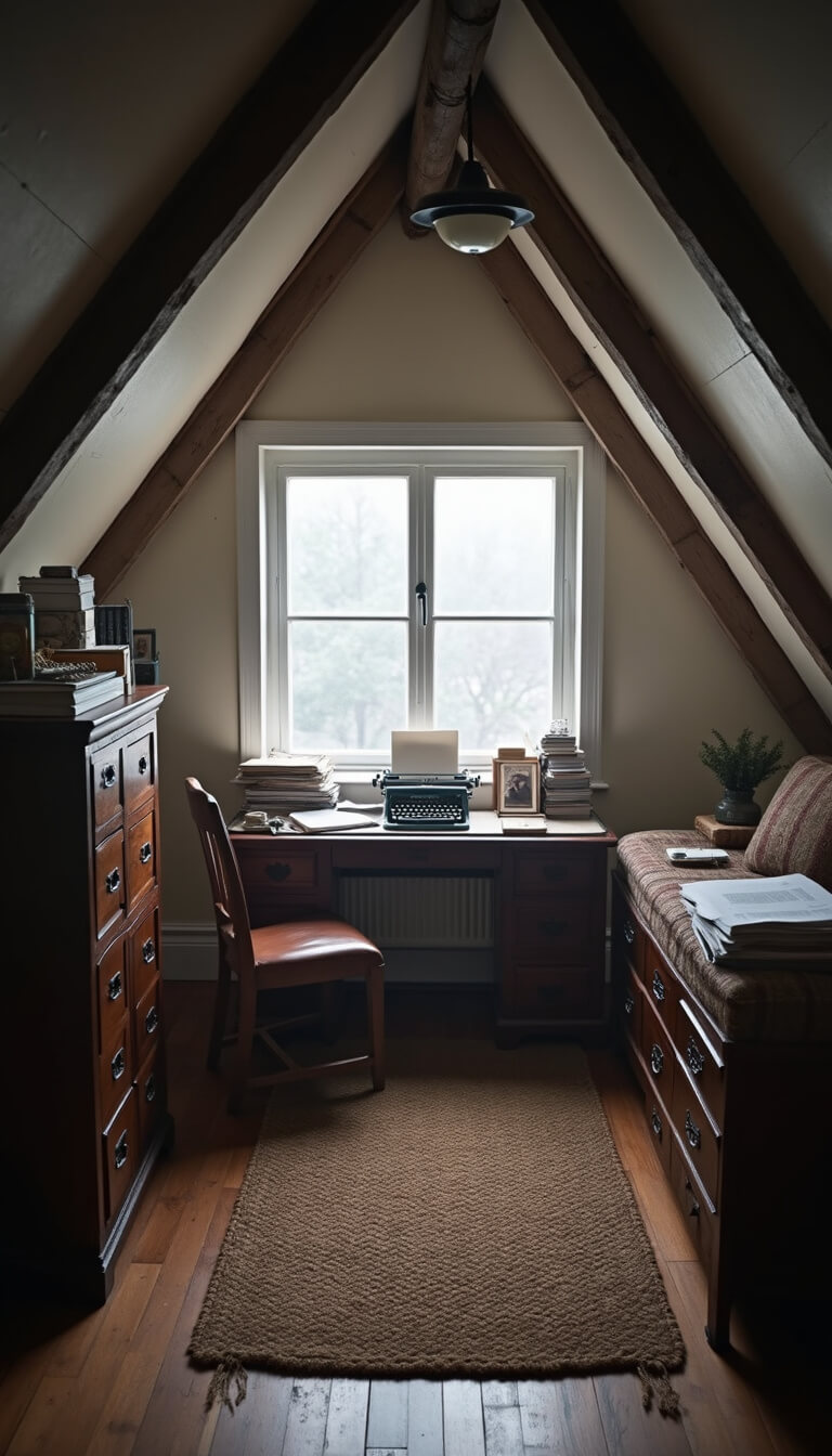 Cozy writer's attic studio with vintage desk, typewriter, scattered papers, leather chair, and morning fog light streaming through dormer windows.