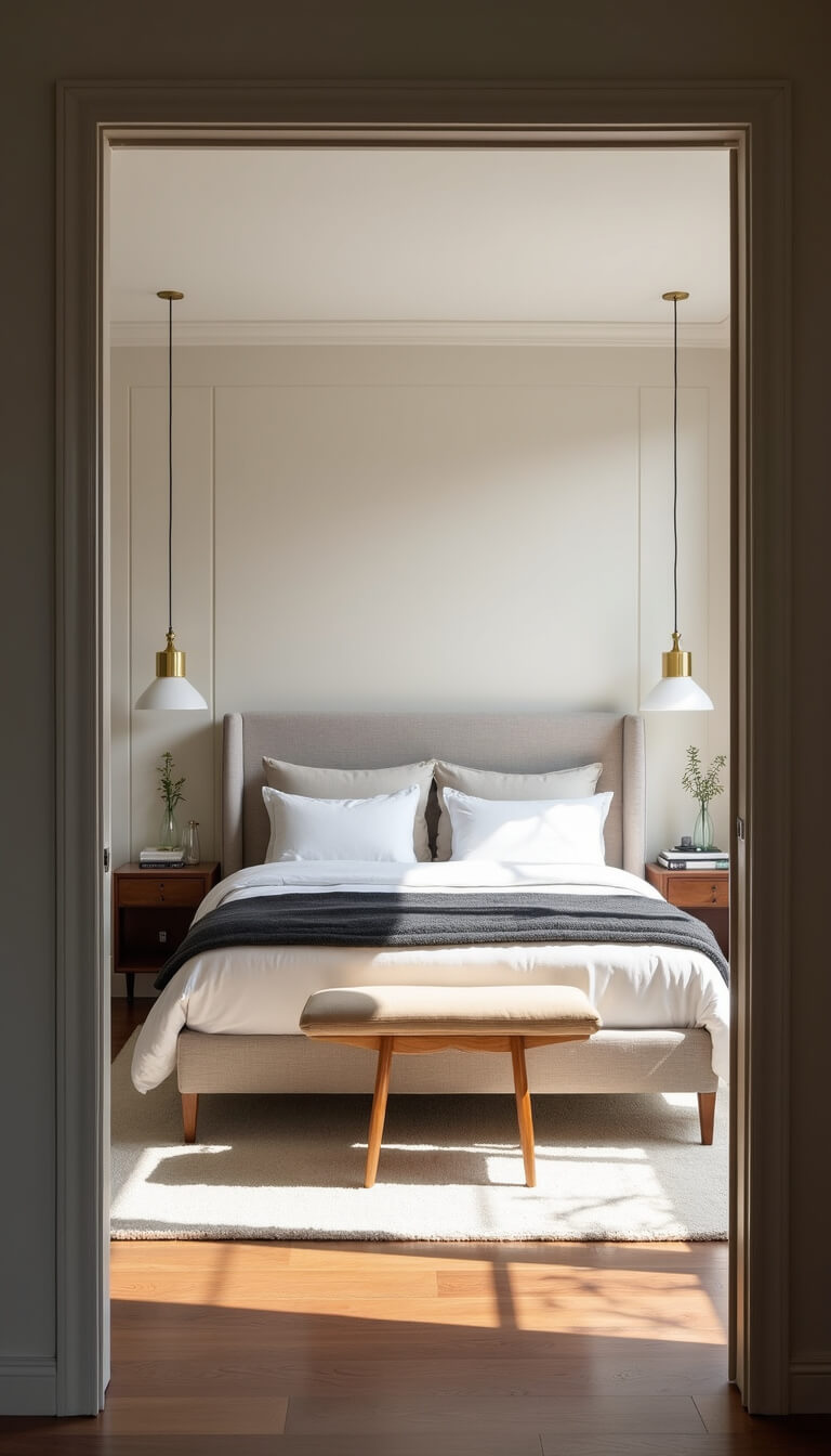 Modern 14x16ft bedroom with king bed, greige upholstered headboard, floor-to-ceiling windows, ivory rug, and brass-accented lighting, viewed from doorway at 45-degree angle.