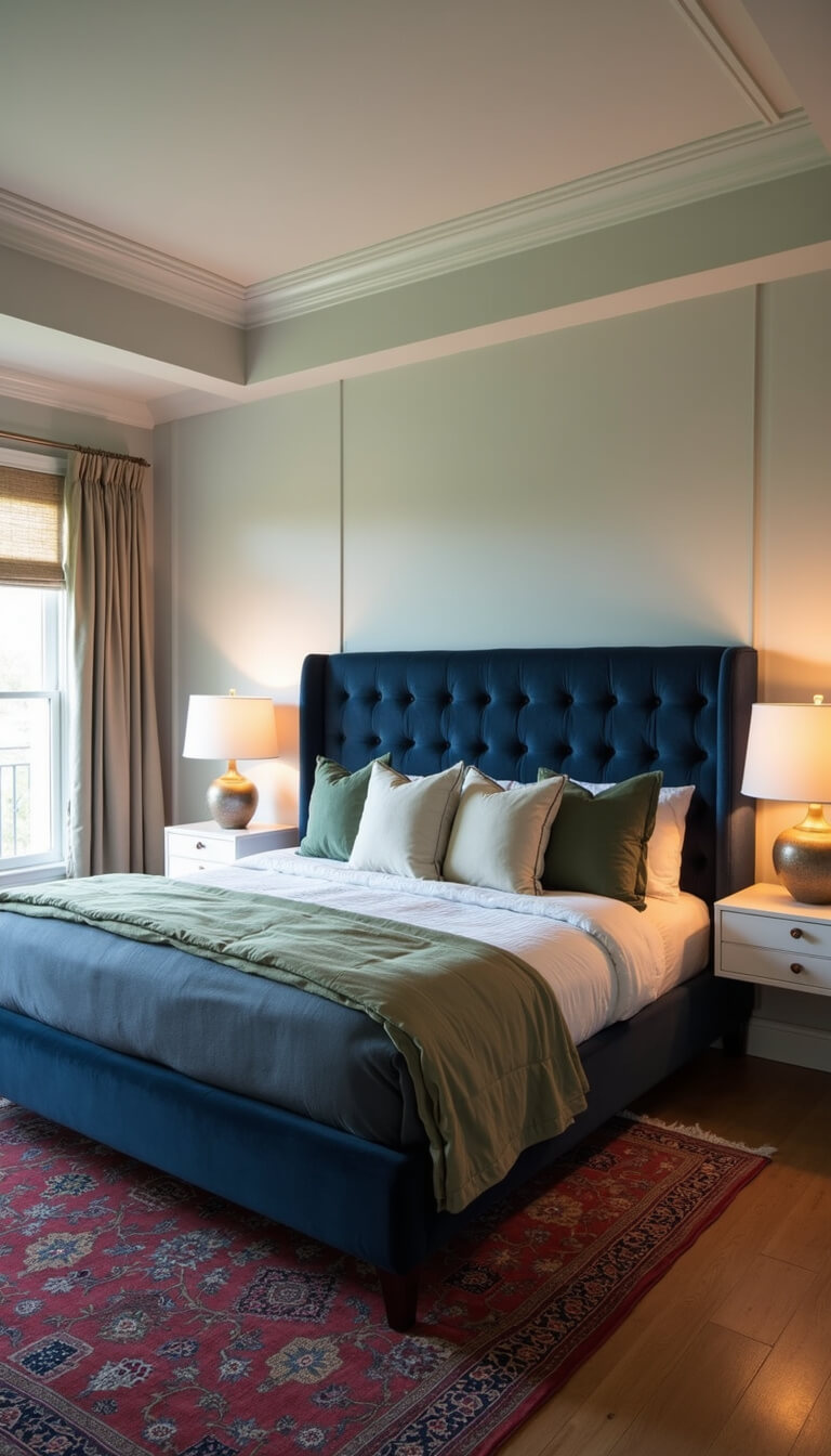 Cozy master bedroom at golden hour with navy velvet bed, crown molding, floating nightstands, and vintage Persian rug.