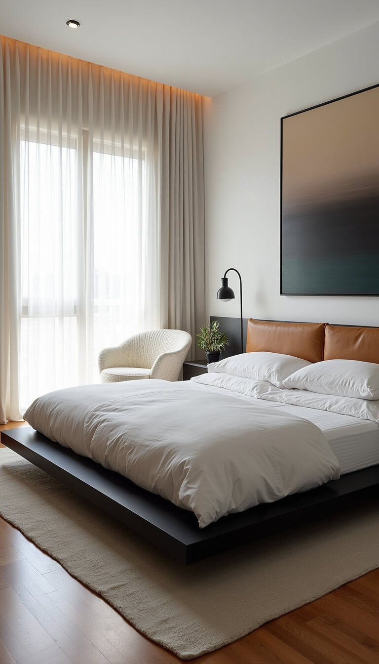 Modern bedroom with high ceilings, platform bed, camel leather headboard, and asymmetrical artwork, bathed in soft afternoon light through sheer curtains.