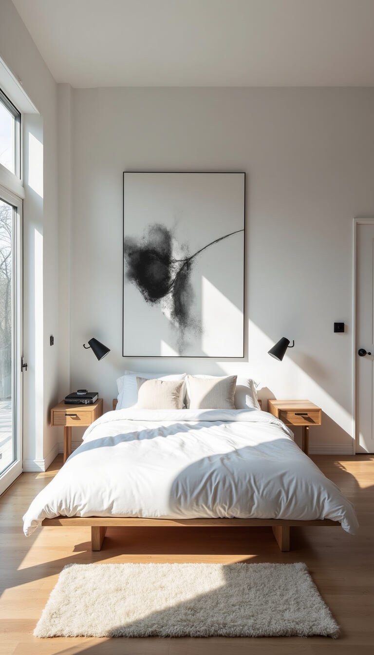 Minimalist primary bedroom with floor-to-ceiling windows, low-profile bleached oak bed with white bedding, cream wool rug, black-and-white abstract art, and matte black wall-mounted reading lights.