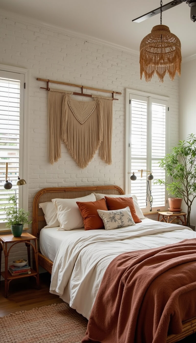 Modern bohemian bedroom with rattan bed, ivory and rust bedding, white brick walls, morning light through shutters, vintage brass decor, plants, and a handwoven wall hanging.