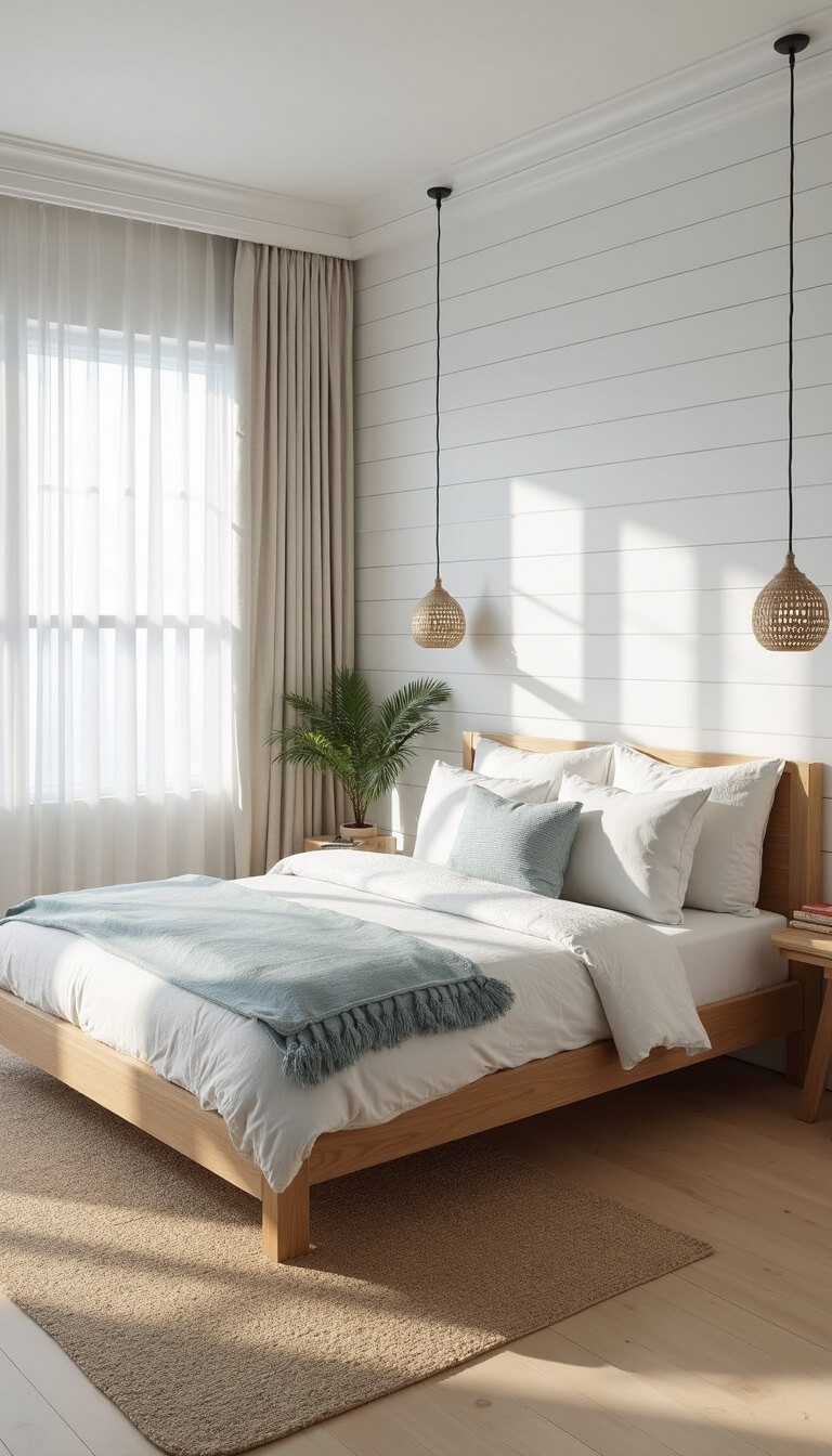 Contemporary coastal bedroom with white shiplap wall, natural oak platform bed, white bedding with pale blue accents, woven pendant lights, seagrass rug over bleached hardwood, and linen drapes filtering bright midday light.