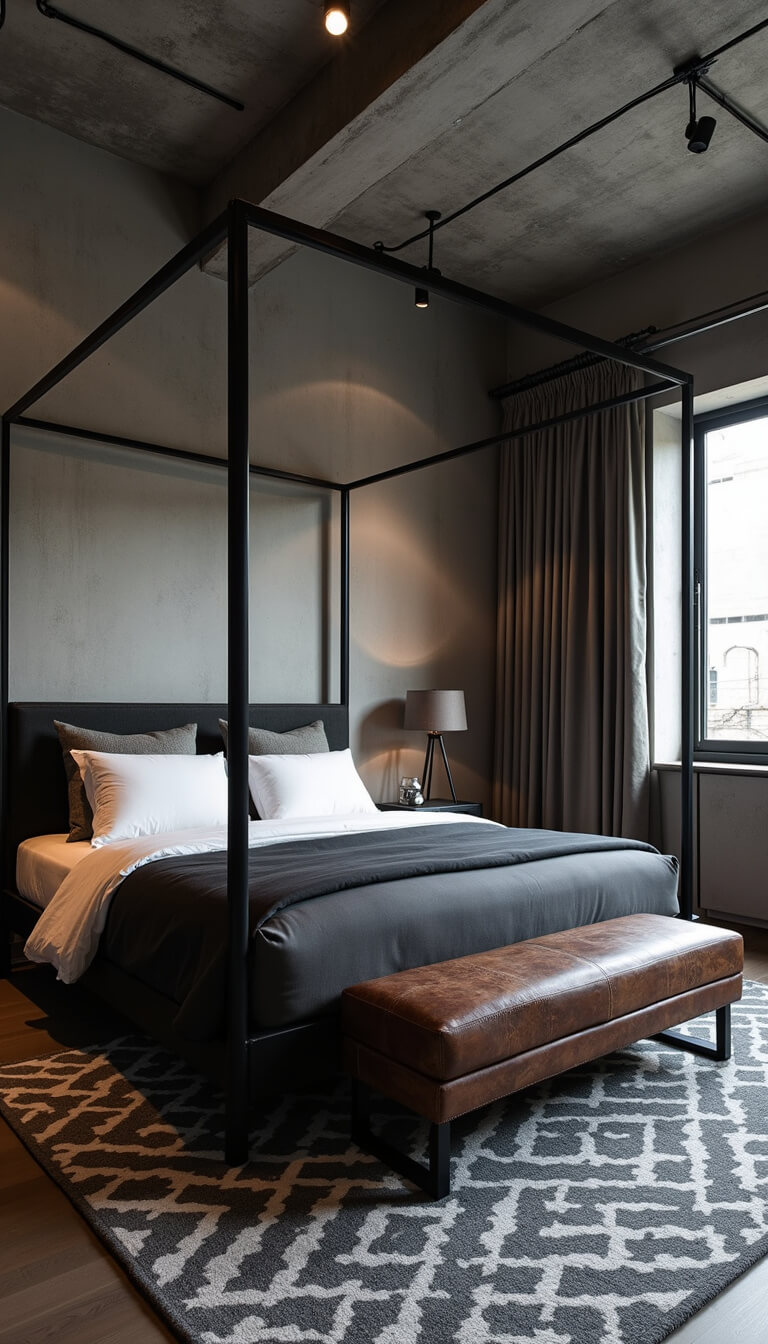 Urban industrial bedroom with iron canopy bed, concrete ceiling, dramatic evening lighting, and grayscale geometric rug.