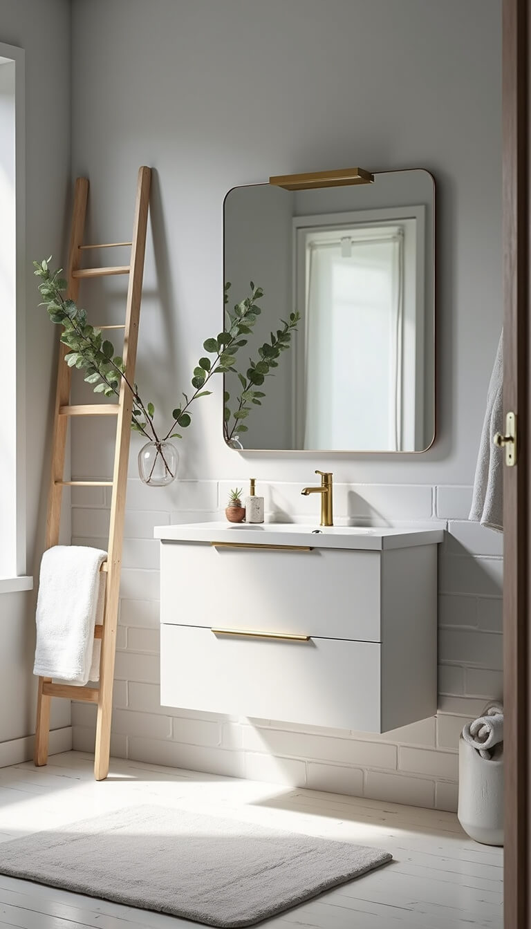 Minimalist 5x7ft bathroom with floating white vanity, brass hardware, large frameless mirror, soft grey walls, white subway tiles, and morning light from frosted window.