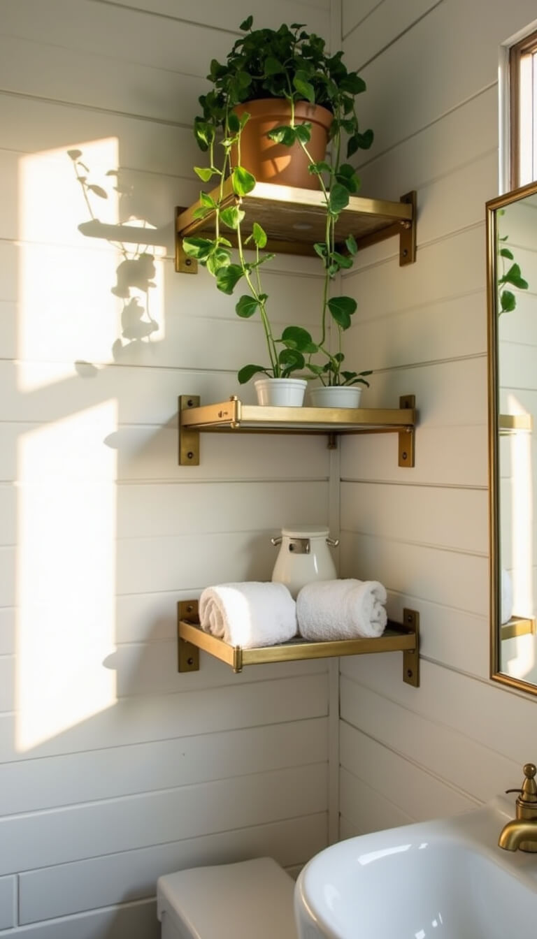 Low-angle view of a small bathroom corner with brass and glass floating shelves, white shiplap walls, golden hour light, and decorative items including white containers, hand towels, and a trailing pothos plant.