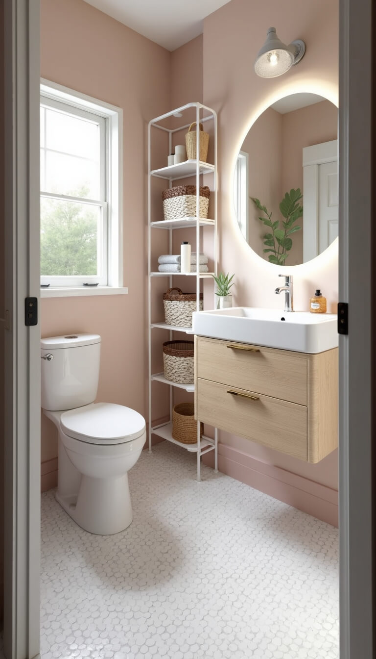 Wide-angle view of modern 5x6ft bathroom with wall-mounted toilet, floating pale oak vanity, LED-lit round mirror, white metal storage tower, pink walls, and white penny tile floor.