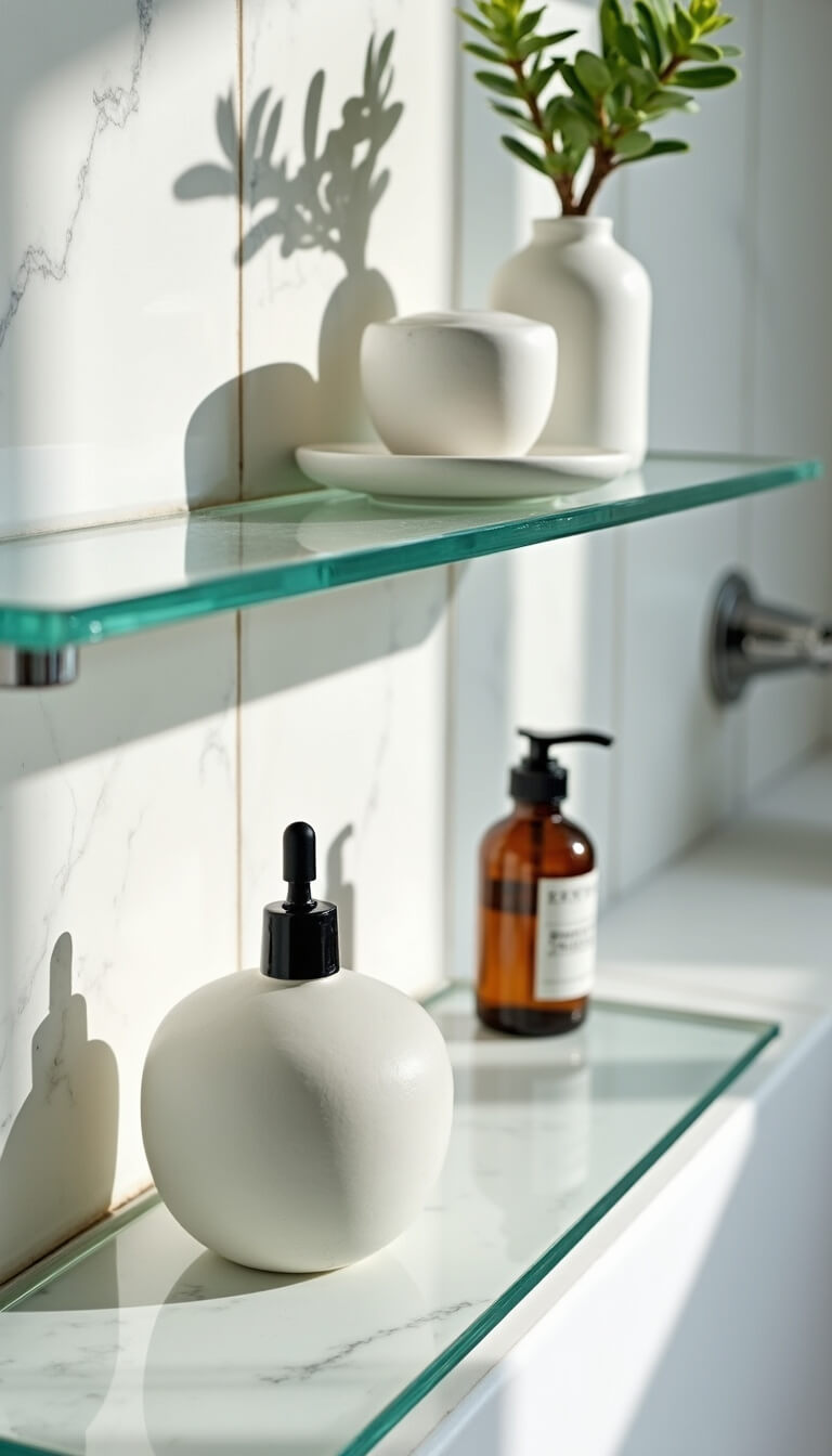Close-up of a three-tiered glass bathroom shelf with white ceramics, apothecary bottles, and an air plant against marble tiles.