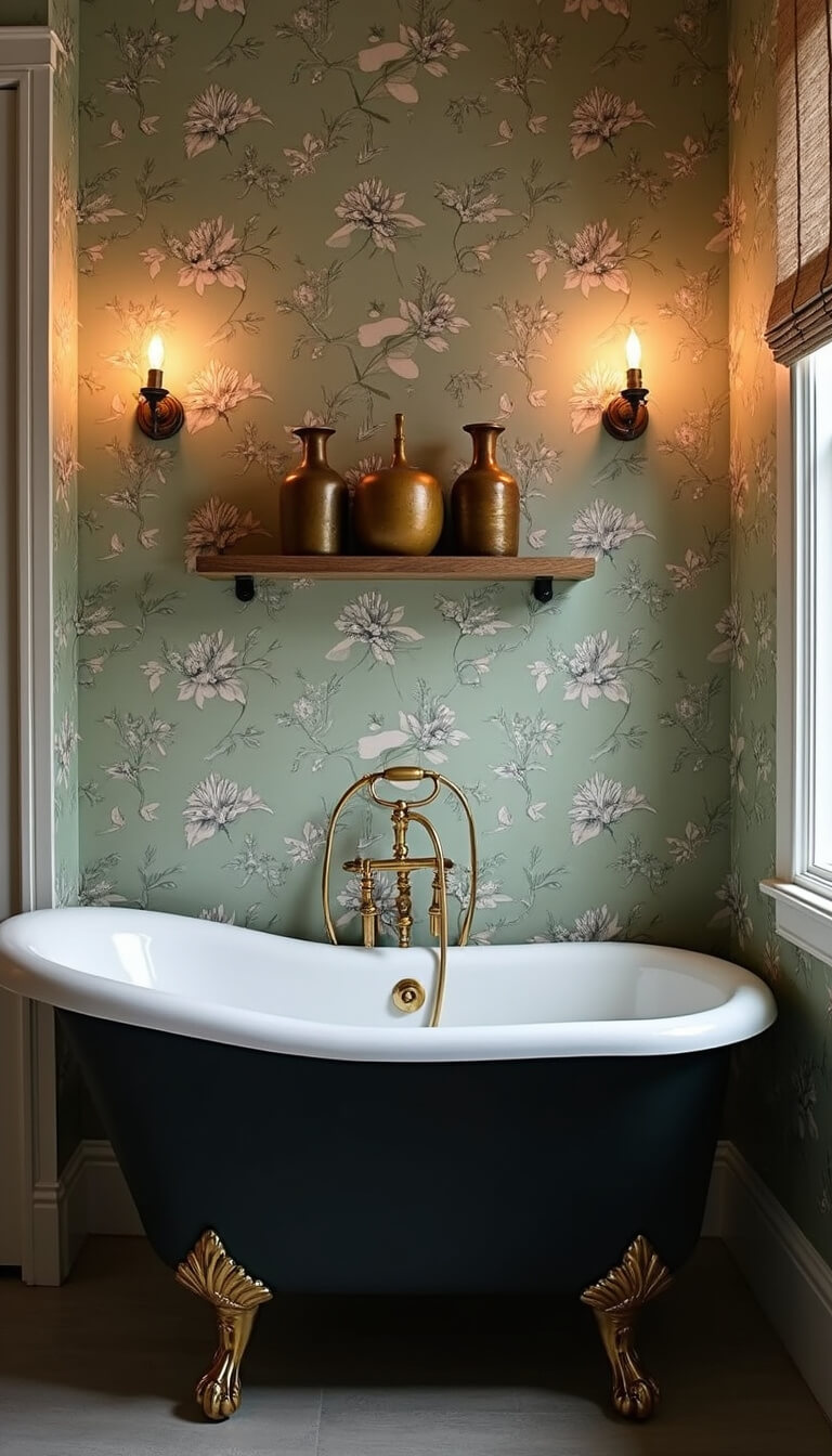 Corner view of a small 6x7ft bathroom with sage and cream botanical wallpaper, floating wood shelf with vintage brass vessels, clawfoot tub in matte black, and warm LED sconces creating a moody, sophisticated dusk ambiance.